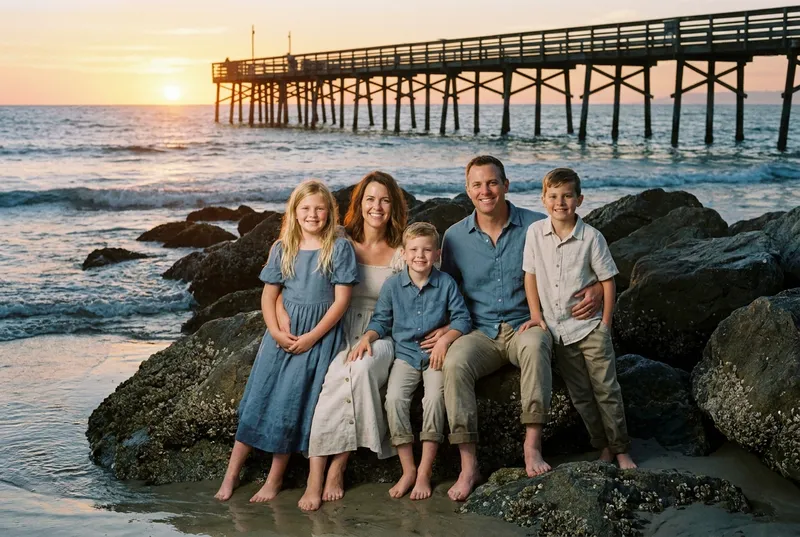 Family of five sitting on beach rocks near a pier at sunset