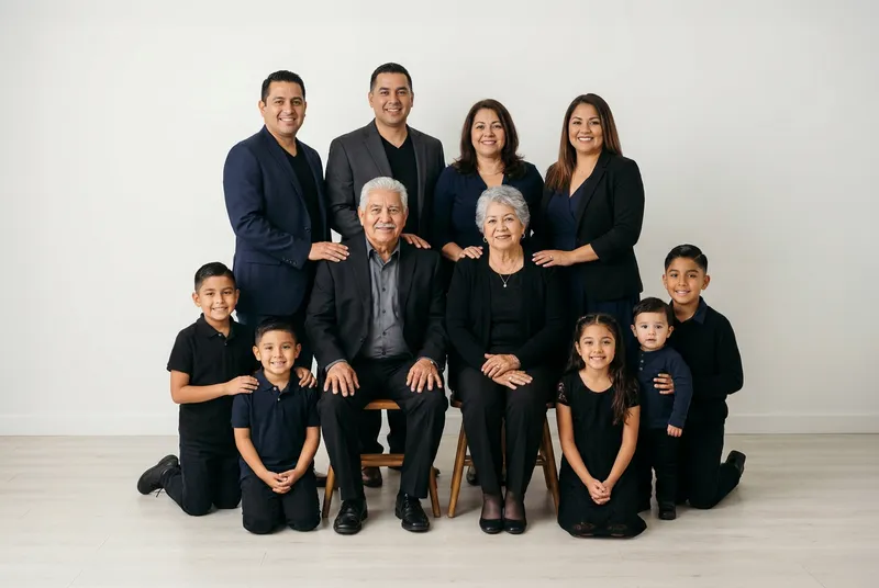 Large extended family in coordinated black outfits posing together on a white studio backdrop