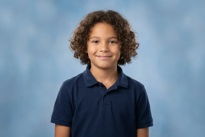 Boy with curly hair in a navy polo shirt smiling against a blue backdrop