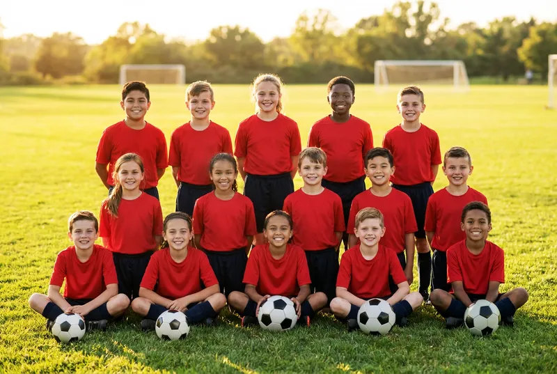 Youth soccer team posing together on the field with soccer balls