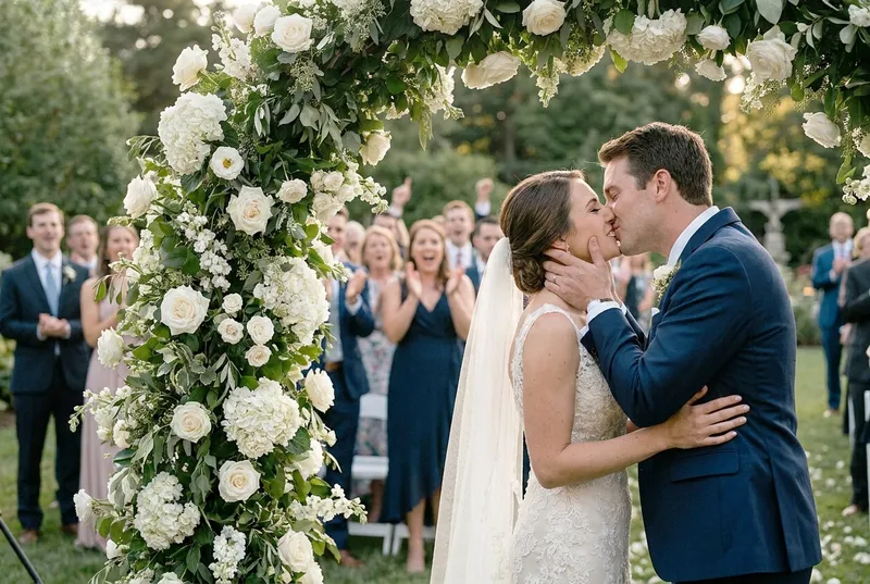 Couple kissing under a floral wedding ceremony arch