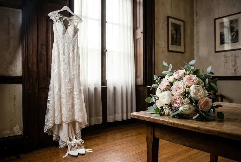 Wedding dress and bouquet details