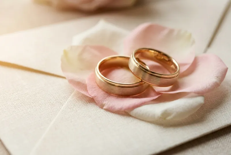 Wedding rings resting on rose petals