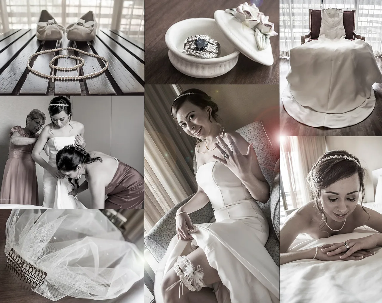 Bridal getting ready details: shoes, pearls, ring box, gown and veil