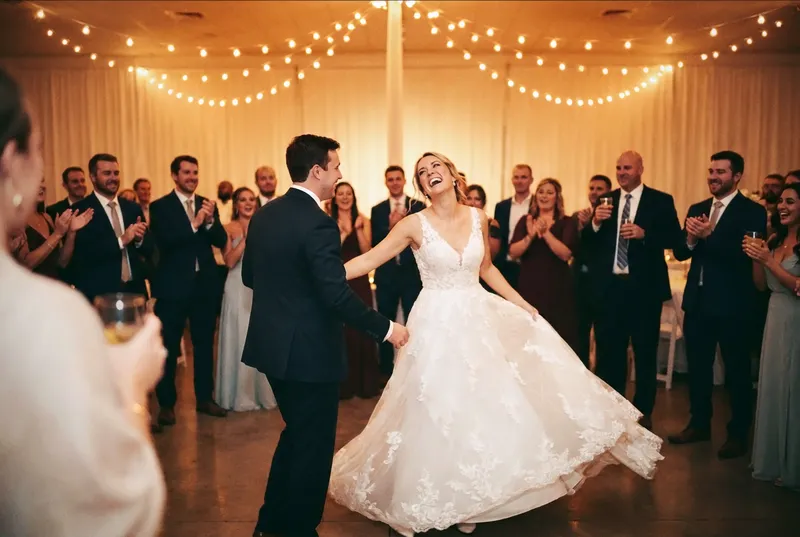 Couple dancing at their reception with guests clapping around them